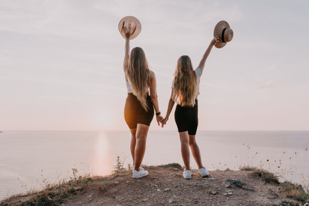 Two Women in Hats Holding Hands on Clifftopの写真素材
