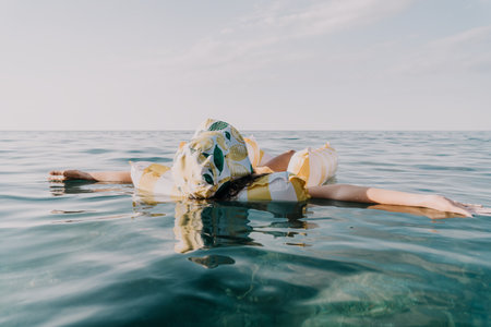 Woman, Inflatable Float, Sea - A woman floats on her back in a colorful inflatable ring on the calm waters of the sea.の写真素材