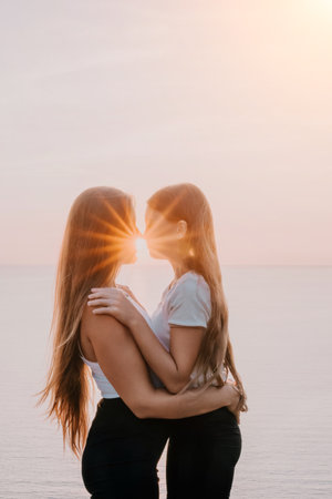 Two Women Embrace at Sunset with Sunburst in Betweenの写真素材
