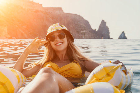 Woman Beach Float Summer - Smiling woman relaxing on a yellow float in the sea on a sunny day.の写真素材