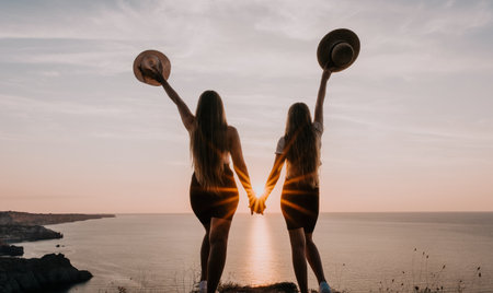 Two Women Silhouetted Against a Sunset on a Clifftop