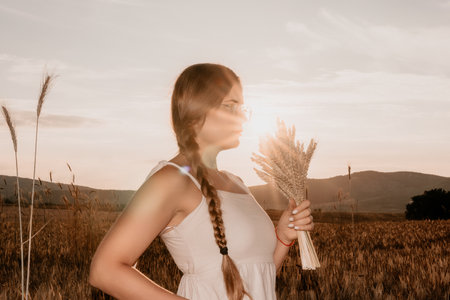 Woman in White Dress Holding Wheat at Sunsetの写真素材