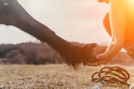 Horse Hoof Hand Touching Field - Close-up of a person gently touching a horses hoof outdoors.の写真素材