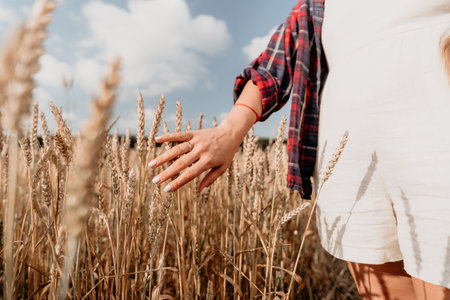 Womans Hand Reaching Out to Wheat Stalksの写真素材