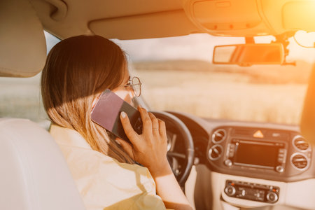 Happy woman talking on the phone while sitting in the car on nature video call, professional conversation, female executive in automobile.の写真素材