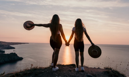 Two Girls Holding Hands on a Cliff at Sunsetの写真素材