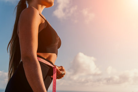 Woman Measuring Waist Fitness Goals Motivation Outdoorsの写真素材