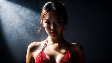 Asian Woman Enigmatic in Red Lace Bikini Mysterious ambiance backlit silhouette lace details just visibleの素材