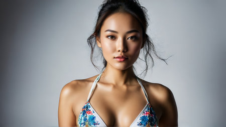 Asian Woman Sassy in White Bikini with Bold Prints Sassy pose vibrant prints popping againstの素材