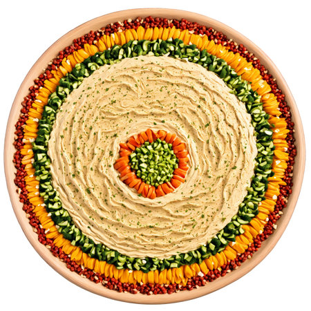 Hummus platter mandala a creamy circular pattern of hummus dip with pita bread and vegetablesの素材