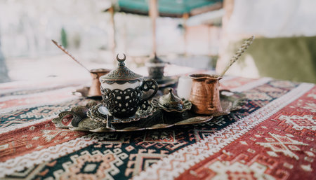 Traditional Turkish Coffee Setup on a Colorful Rugの写真素材
