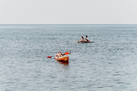 Kayaks Sea Ocean Two Kayaks Float Calm Waters On Cloudy Day