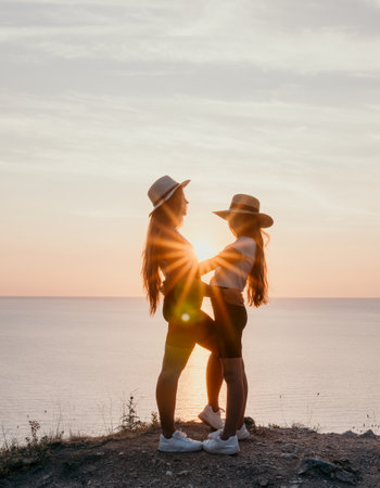 Two Women Embracing at Sunsetの写真素材