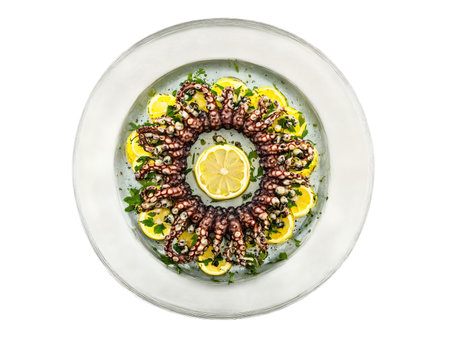 Grilled Octopus with a lemon vinaigrette and capers served on a transparent glass plate Mediterraneanの素材