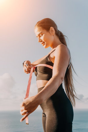 Woman Fitness Measuring Tape Beach Sunsetの写真素材