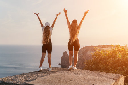 Two Women Celebrating on a Clifftopの写真素材