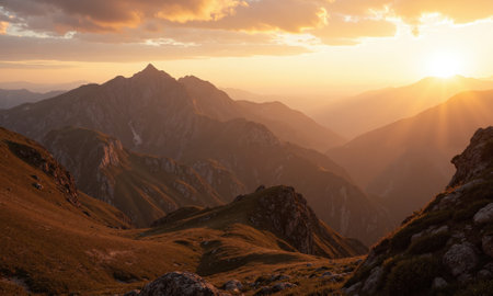 Mocha mousse-colored mountain landscape at sunset - The rich, warm tones of mocha mousse subtly reflect the setting sunの素材