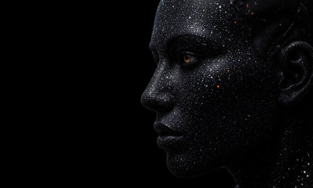 A digital figure with a body constructed from geometric patterns of numbers, equations, and binary sequences. As the figure moves,の素材