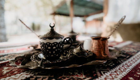 Traditional Turkish Coffee Set on a Colorful Rugの写真素材