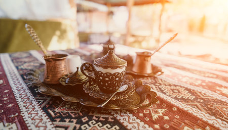 Traditional Turkish Coffee Set on an Ornate Tableclothの写真素材