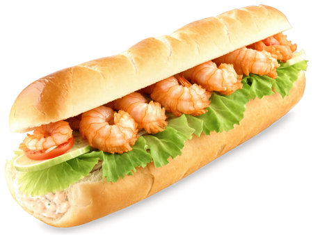 Po Boy Sandwich A crispy fried shrimp or oyster sandwich served in a soft baguette with lettuce, tomatoes, and spicyの素材