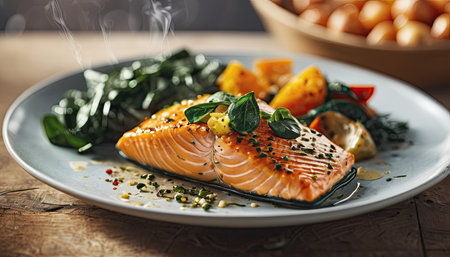Salmon steak, spinach, lemon. Grilled salmon steak with grill marks, served with fresh spinach and lemon slices, steam rising.の素材