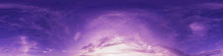 Seamless 360 HDR spherical panorama of sunset sky with vibrant pink Cirrus clouds. Full zenith or...