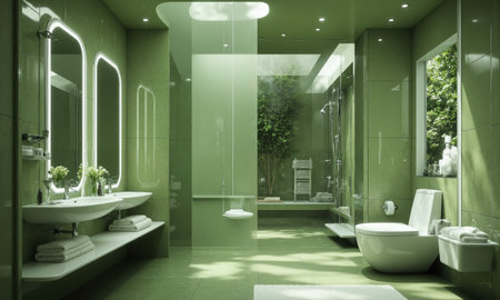 Futuristic bathroom in moss green, featuring smart mirrors with real-time skincare suggestions and motion-sensing faucets that adjust water temperatureの素材