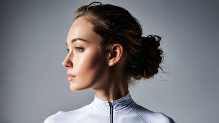 White modest high neck rash guard back view of a woman with a petite frameの素材