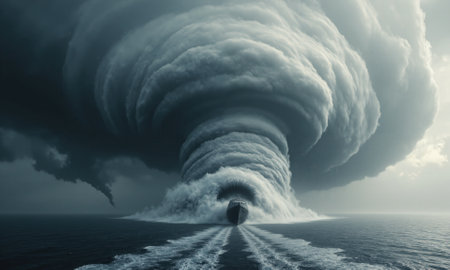 Cloud pareidolia takes shape in the form of a menacing face, screaming at a distant ship, as it conjures powerfulの素材