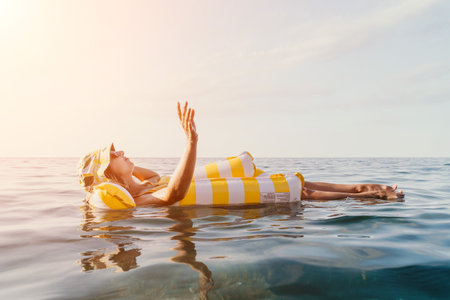 Woman Float Beach Towel Relaxing on Inflatable Raft in Ocean