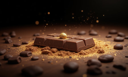 A creative concept of a chocolate bar breaking into delicate golden dust, where each piece transforms mid-motion into sparkling particles.の素材
