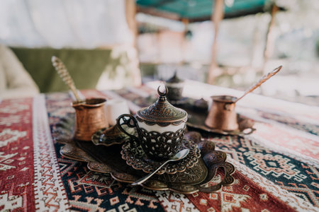 Turkish Coffee Set on a Traditional Carpetの写真素材
