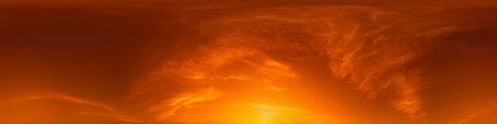 360 panorama of glowing sunset sky with bright pink Cirrus clouds. HDR 360 seamless spherical panorama. Full zenith or sky dome sky replacement for aerial drone panoramas. Climate and weather change.の写真素材