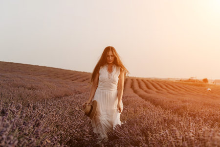 Woman Lavender Field Sunset Dress: Summer Fashion Photography Provence Franceの写真素材