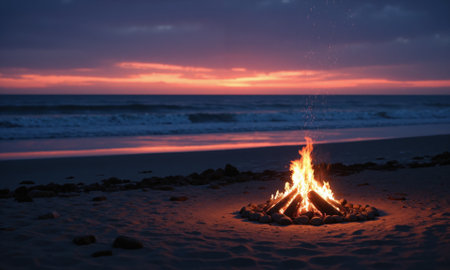 Sunset Beach Campfire A small, cozy beach campfire burns brightly on the sand, with a circle of stones around it, as the glowingの素材
