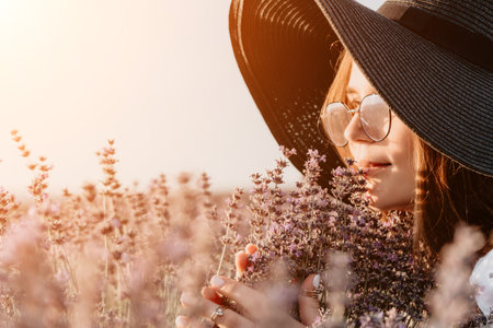 Woman in a Lavender Field, Enjoying the Scentの写真素材
