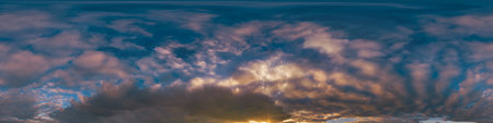 Sunset sky with bright glowing pink Cumulus clouds. Seamless spherical HDR 360 panorama. Full zenith...