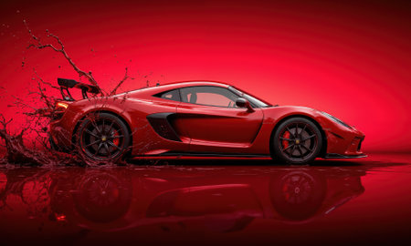 A surreal image of a sleek red sports car turning into a liquid splash of wine, with dynamic motion freeze,の素材