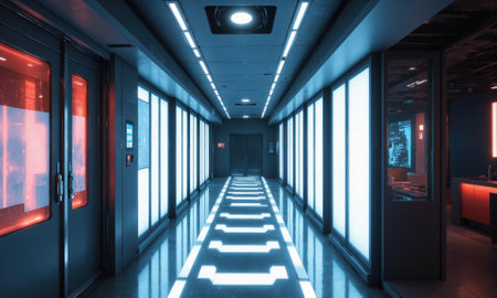 A futuristic hallway with dynamic lighting that changes based on the users movement or time of day. The walls are covered with smartの素材