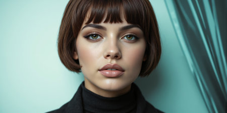 Bob Haircut Woman Portrait: Studio Photography Teal Backgroundの素材
