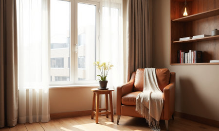 A comfortable reading nook by the window, with mocha mousse-colored walls, a caramel leather armchair,の素材