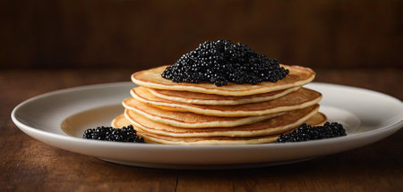 Pancakes with caviar for breakfast highlight luxury morning meal. Golden stack of thin pancakes or blini topped with black caviarの素材