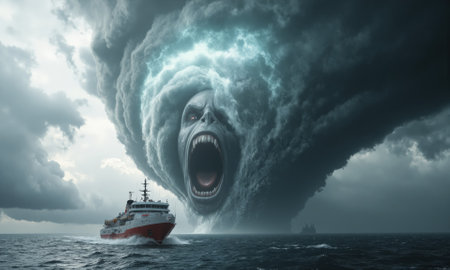 A monstrous face in the clouds releases a primal scream, summoning swirling winds that manifest into a violent cyclone, headingの素材