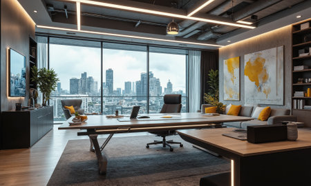 Futuristic executive office with AI-powered scheduling assistants, voice-controlled technology, and a large ergonomic desk. The room features minimalist decor, includingの素材