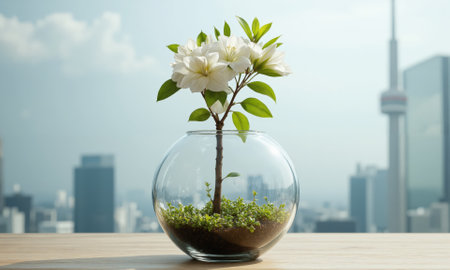 Azaleas (Rhododendron) large, round glass vase with pale pink-tinted water, holding voluminous clusters of azalea blossoms in soft pinkの素材