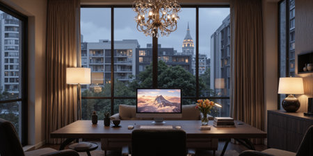 Balanced Work-Life Home Setup featuring a cozy workspace integrated into a living area with ergonomic furniture, ambient lighting, personal touches, and digitalの素材