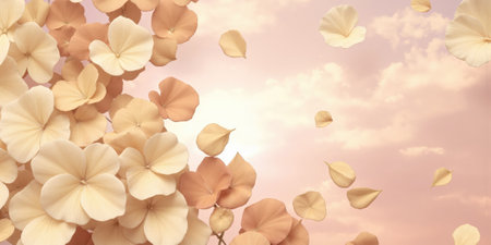 A cascade of digital petals in shades of mocha, peach, and ivory falls gently across a gradient sky transitioning fromの素材