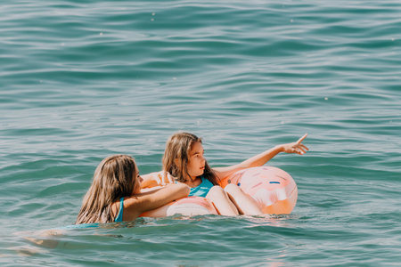 Two Girls Relaxing on a Donut Float in the Waterの写真素材