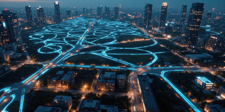 Smart Grid Power Network - A sprawling network of illuminated power lines and data nodes connecting an entire futuristic city.の素材